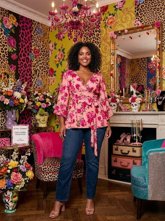 Betsey Johnson Tops - Betsey Johnson Vintage Pink Red Roses Ruffle Floral Tunic Peplum Tie Top XL